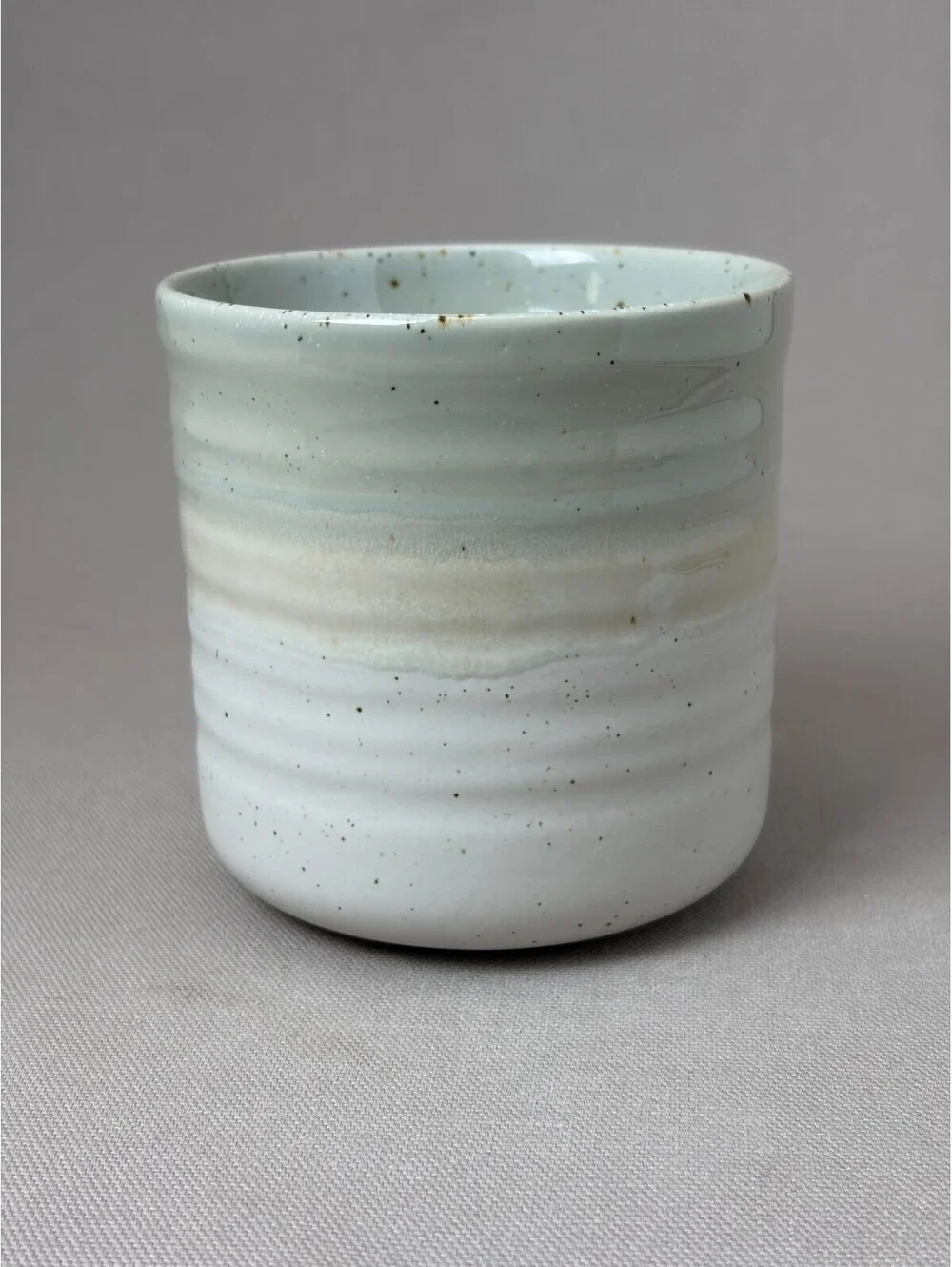 Baum Hearth Coffee Mug Speckled Stoneware Sage Green Tan Cream Ribbed Tea Cup